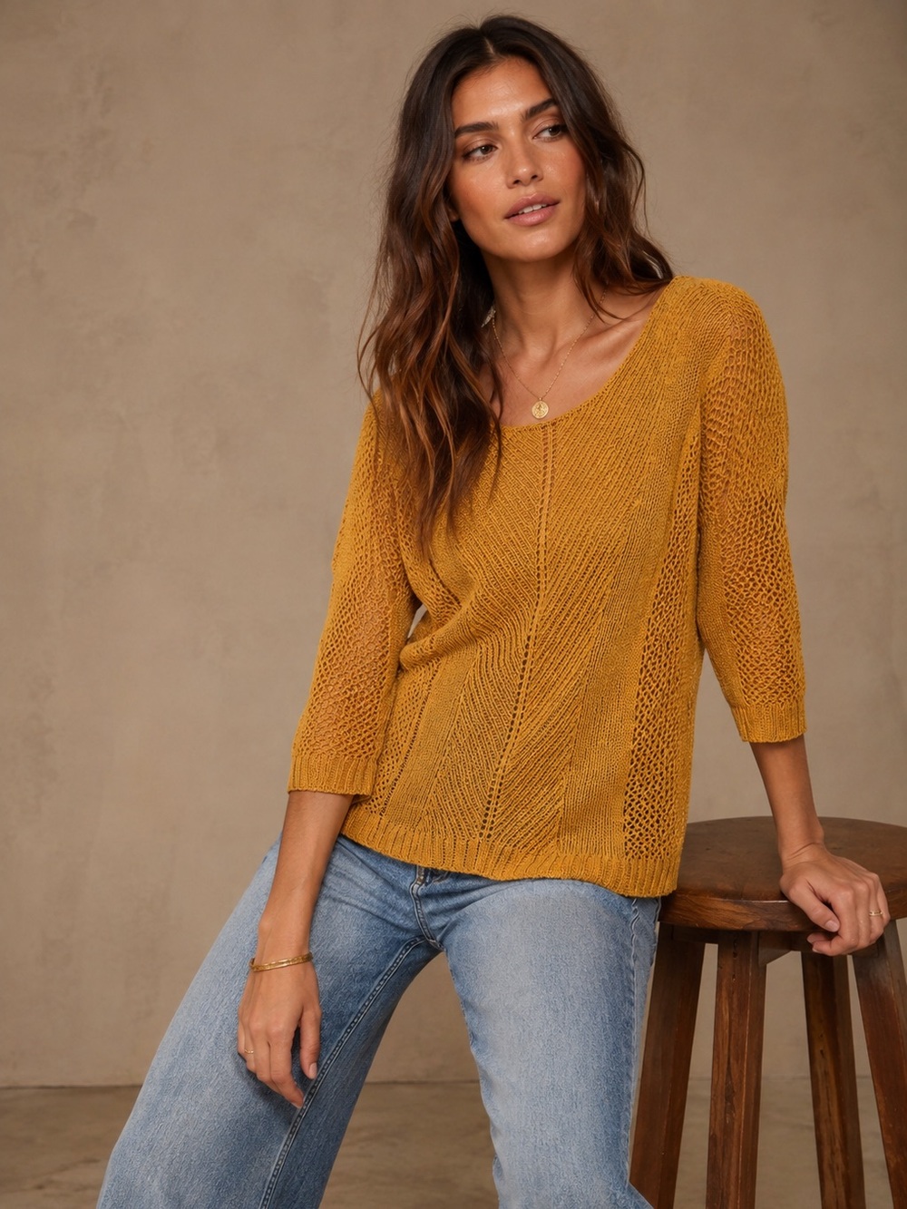 Old Navy Open Knit Pointelle Sweater Mustard Yellow 3/4 Sleeve Size Medium